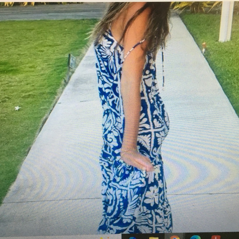 H&M/COLBALT BLUE & WHITE TROPICAL TILE PRINT MAXI DRESS